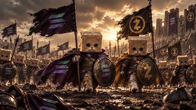 AI-generated fantasy artwork of an army of cats wearing paper bag masks as helmets, carrying flags and shields emblazoned with a 'Z' symbol.