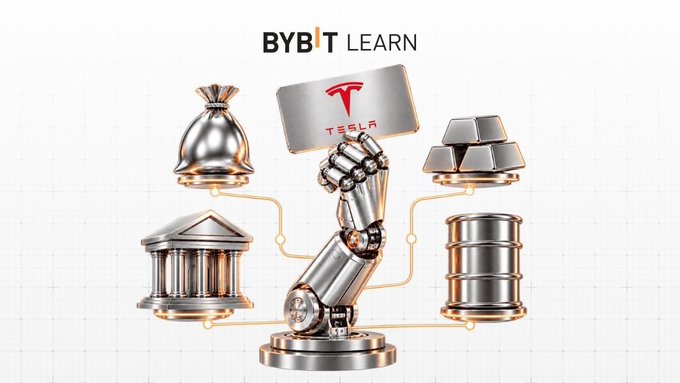 A promotional graphic for BYBIT LEARN features a robotic arm holding a Tesla card, surrounded by metallic icons representing gold, silver, a bank, and oil barrels.