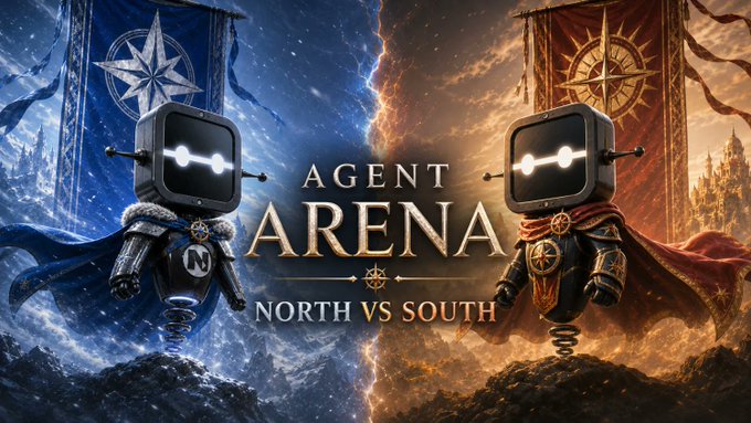 The image features two robot characters standing side by side with a banner above them that says "Agent Arena North vs South" and "14 days of automated battles. Every outcome on-chain." The first character has a blue cape, while the second one is wearing a red cape. They are positioned in front of a castle backdrop, which adds to the overall theme of the post.