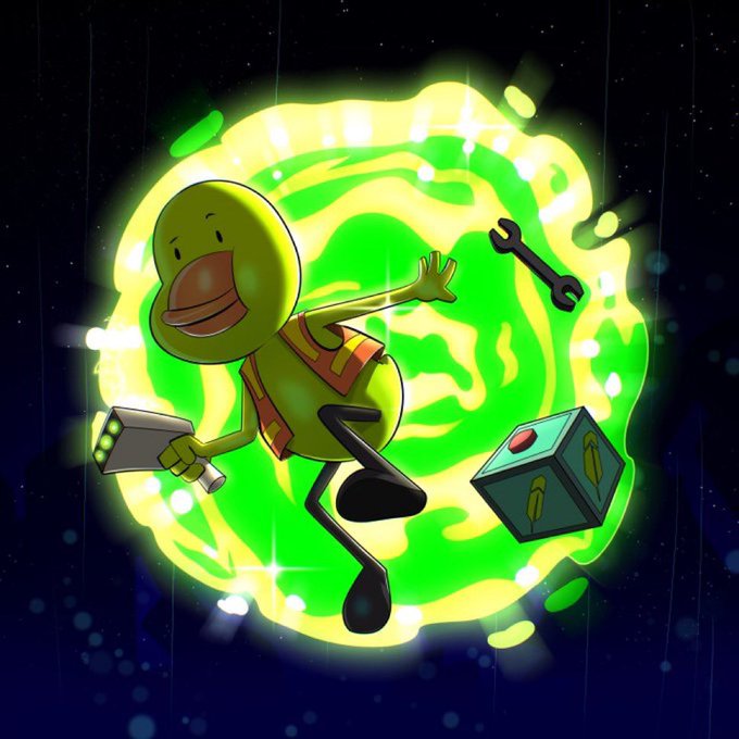 A cartoon illustration of a green duck-like character wearing a life vest, holding a hatchet and emerging from a swirling green portal, with a wrench and a box floating nearby.