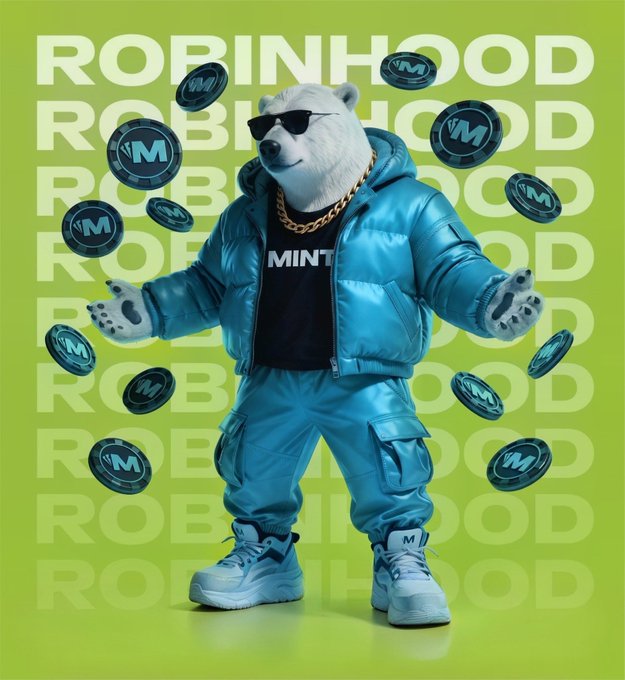 A promotional image featuring an anthropomorphic polar bear mascot wearing sunglasses, a gold chain, and a blue tracksuit with "MINT" text, surrounded by floating coins, against a green background covered in "ROBINHOOD" text.