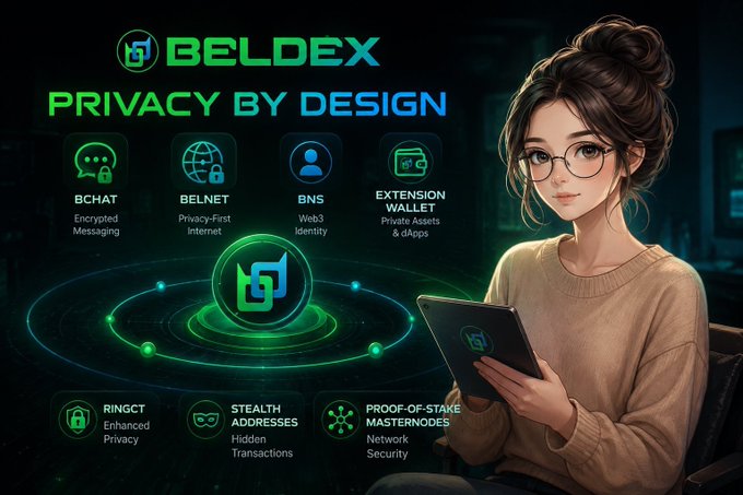 The image is a promotional graphic for Beldex titled "Privacy by Design," featuring a young woman with glasses using a tablet alongside the Beldex logo and concentric green tech rings. It highlights Beldex's interconnected privacy ecosystem through icons labeling features like BCHAT (Encrypted Messaging), BELNET (Privacy-First Internet), BNS (Web3 Identity), Extension Wallet, RingCT (Enhanced Privacy), Stealth Addresses (Hidden Transactions), and Proof-of-Stake Masternodes (Network Security). This visually reinforces the post's message that Beldex builds privacy holistically into every layer of its ecosystem rather than as an afterthought.