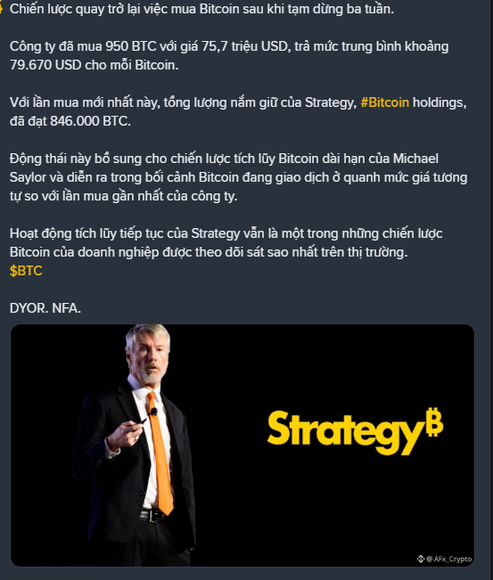 News article in Vietnamese about Strategy (formerly MicroStrategy) resuming Bitcoin purchases, buying 950 BTC at an average of $79,670, bringing total holdings to 846,000 BTC. Includes a photo of Michael Saylor and the Strategy logo.