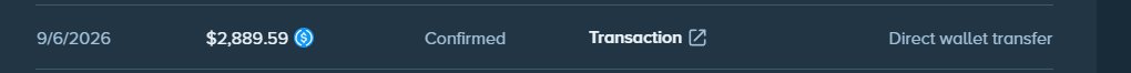 A transaction history screenshot dated 9/6/2026 shows a confirmed $2,889.59 USDT direct wallet transfer, supporting the claim of cashing out $2,889 from the stream giveaway.