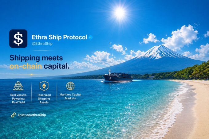 A scenic promotional graphic for Ethra Ship Protocol (@EthraShip) showing a cargo ship sailing near a tropical shoreline with a snow-capped volcano in the background, featuring the tagline "Shipping meets on-chain capital" alongside icons highlighting "Real Vessels Powering Real Yield," "Tokenized Shipping Assets," and "Maritime Capital Markets," with a linktr.ee/ethraShip link. The image visually reinforces the post's message by depicting the real-world maritime operations (the ship and ocean) that the protocol bridges with blockchain-based shipping finance infrastructure.
