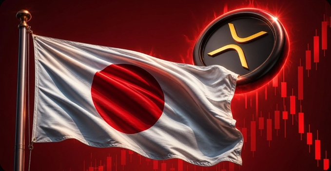 The image shows the Japanese flag alongside the XRP cryptocurrency logo and a red candlestick chart with a sharp downward trend, illustrating the post's warning that XRP price action typically suffers a major liquidity shock during Japanese Risk-off Events (RCTs) or unexpected BoJ policy tightening.