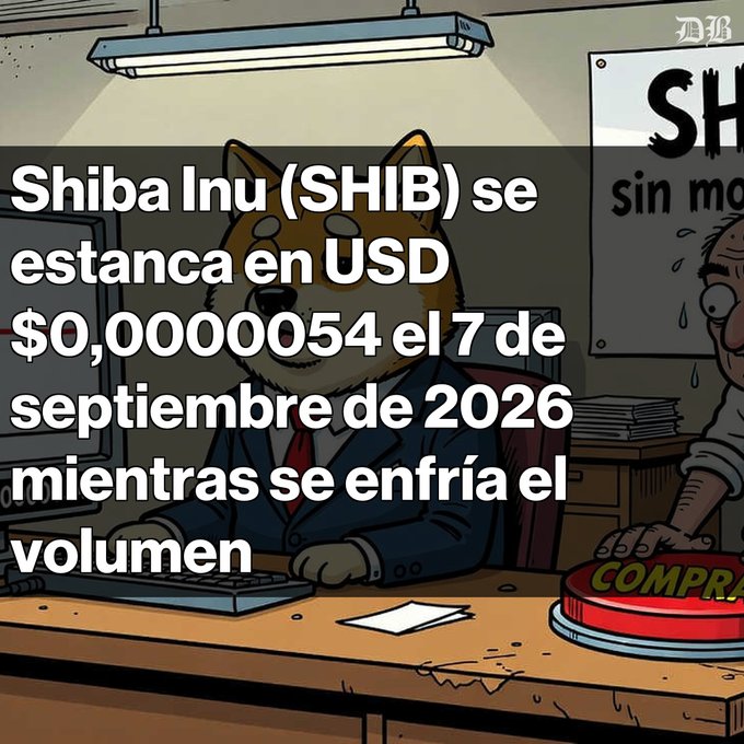 A cartoon Shiba Inu dog in a suit at a desk with a large red 'COMPRA' button, overlaid with Spanish text reading 'Shiba Inu (SHIB) se estanca en USD $0,0000054 el 7 de septiembre de 2026 mientras se enfría el volumen'.
