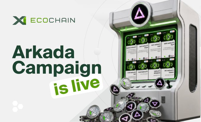 A promotional graphic for the X1 EcoChain "Arkada Campaign is live," featuring EcoChain's logo alongside an arcade-style machine filled with branded tokens, tying into the post's announcement of a rewards campaign on the Arkada app where users earn double Arkada and ECO Points for completing ecosystem quests.