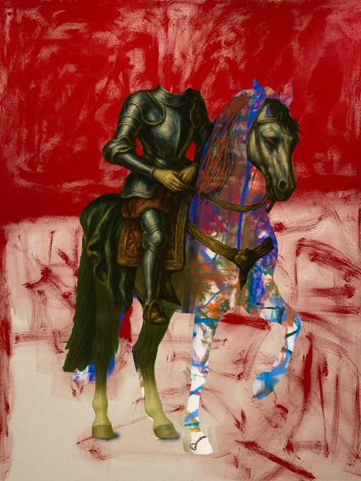 A headless knight in armor sits atop a translucent horse layered with colorful, abstract digital patterns against a textured red and white background.
