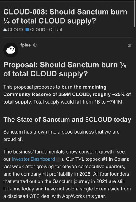 A Discord screenshot shows governance proposal "CLOUD-008" by user "fplee" asking whether Sanctum should burn approximately 25% of total CLOUD supply (259M tokens), reducing the total from 1B to ~741M. The proposal highlights Sanctum's strong business fundamentals, noting it became the #1 Solana protocol by TVL after 11 consecutive quarters of growth and reached profitability in 2025.