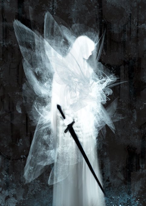 A dark, ethereal digital artwork of a glowing, ghostly winged figure holding a sword, set against a shadowy forest background.