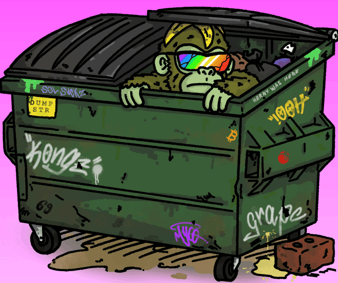 A cartoon monkey wearing rainbow shutter shades peeks out from a graffiti-covered green dumpster, which features tags like "HONK," "graff," and a yellow sticker reading "DUMP STR" against a bright pink background. The image visually echoes the post's theme of a "dumpstr" launch, with the rough, graffiti-style aesthetic and the monkey mascot reflecting the underground, chaotic nature of the fairlaunch mechanics being discussed.