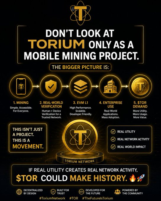 A promotional poster for the Torium ($TOR) cryptocurrency project, outlining five pillars (Mining, Real-World Verification, EVM L1, Enterprise Use, Stor Demand) and stating 'THIS ISN'T JUST A PROJECT. THIS IS A MOVEMENT.'