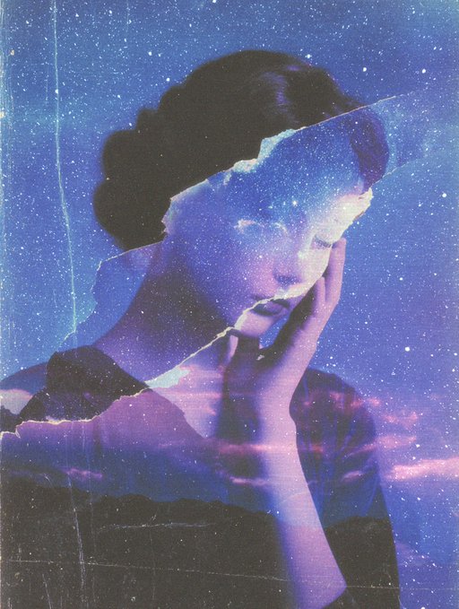 A double-exposure digital collage titled "still waiting for the blue to fade" by PonseLakiva, featuring a serene woman's profile overlaid against a starry night sky and twilight clouds in deep blue and purple tones, evoking themes of longing and melancholic introspection.