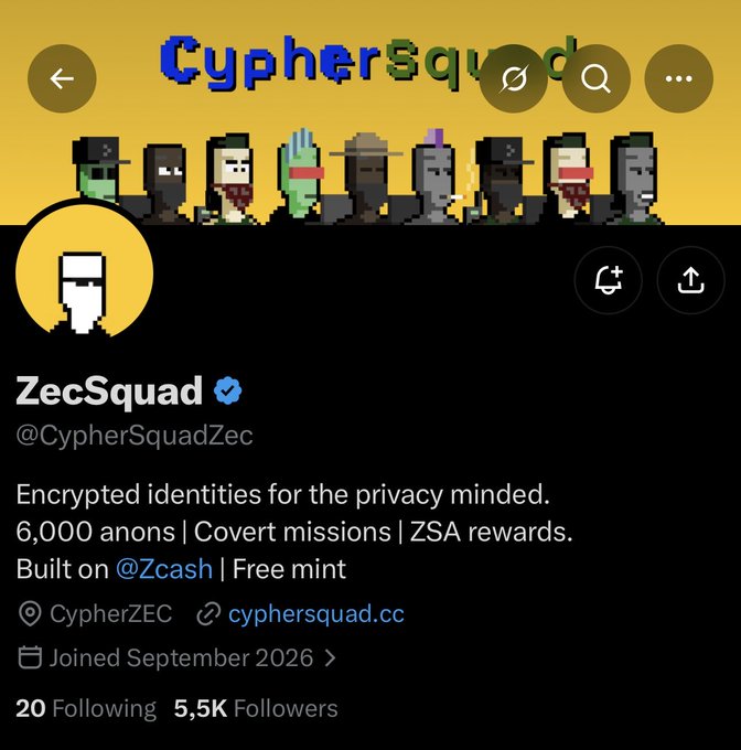 The image shows the Twitter/X profile of "ZecSquad" (@CypherSquadZec), featuring a pixel-art banner of various characters, a bio describing it as "Encrypted identities for the privacy minded" with 6,000 anons built on @Zcash, and 5.5K profile followers.

This profile directly corresponds to the post promoting the upcoming FREE MINT of Zec Squad NFTs on the ZEC/Zcash network, matching the 6,000 anon collection mentioned in both the bio and the tweet.