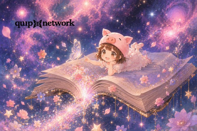 The image features a cartoon girl wearing a hat, lying down on an open book with stars falling from above her head. The girl appears to be floating or flying through space while holding onto the book. The background of the image is filled with stars and other celestial elements, creating a whimsical and magical atmosphere. The post includes text that reads "QUIP network", which might indicate the source or creator of this artwork.