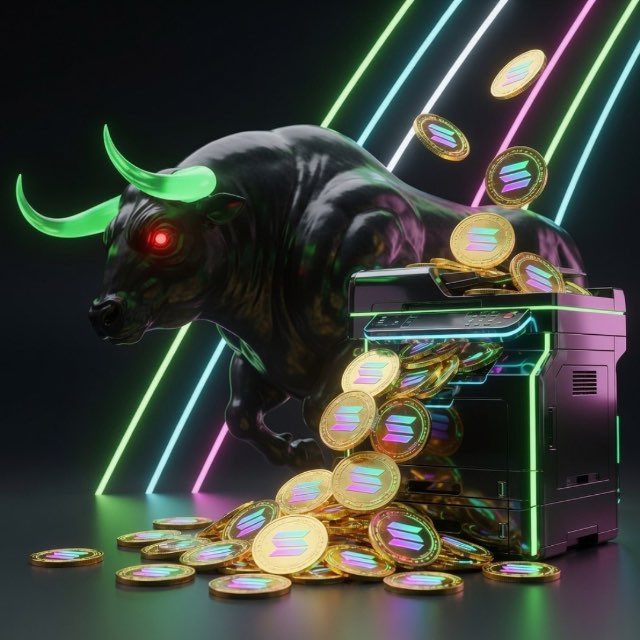 A stylized 3D render of a black bull with neon green glowing horns and red eyes standing behind a cryptocurrency mining rig and scattered Solana (SOL) coins against neon laser beams.