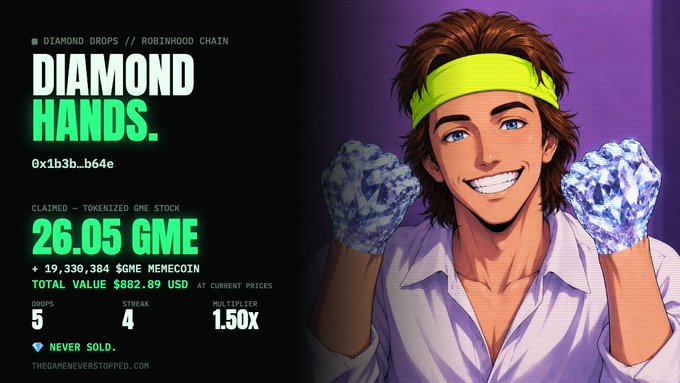 An anime-style illustration of a smiling man with a headband holding diamond fists is displayed alongside text reading 'DIAMOND HANDS', 'DIAMOND DROPS // ROBINHOOD CHAIN', and showing '26.05 GME' claimed and 'TOTAL VALUE $882.89 USD'.