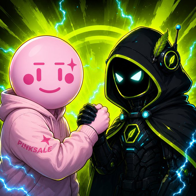 A cheerful pink mascot wearing a "PINKSALE" hoodie shakes hands with a hooded, glowing-eyed hooded figure, symbolizing the partnership between Pinksale and HoodTech's $HOT token presale launching on the Robinhood Chain.