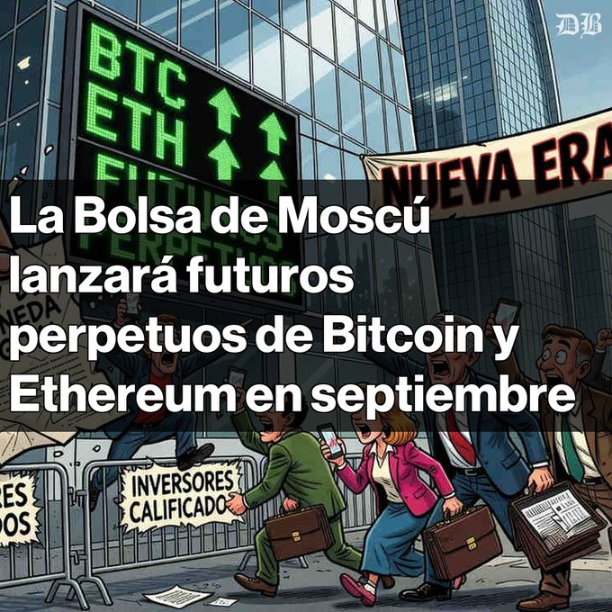 A Spanish-language graphic with the text 'La Bolsa de Moscú lanzará futuros perpetuos de Bitcoin y Ethereum en septiembre' (The Moscow Stock Exchange will launch perpetual futures for Bitcoin and Ethereum in September), set against a comic-style image of a stock exchange with BTC and ETH tickers.