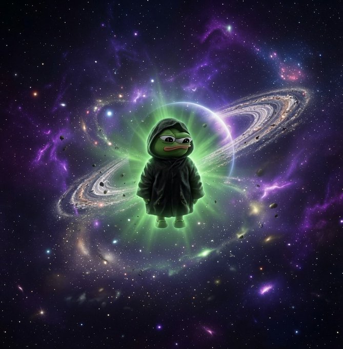 A hooded Pepe frog meme character radiates a vibrant green glow against a stunning cosmic backdrop of galaxies, nebulae, and stars. This mystical, meme-themed image aligns with the post's promotion of $APU (Apustaja), a meme coin capitalizing on Pepe's status as a top internet meme to position itself as a leading meme token.