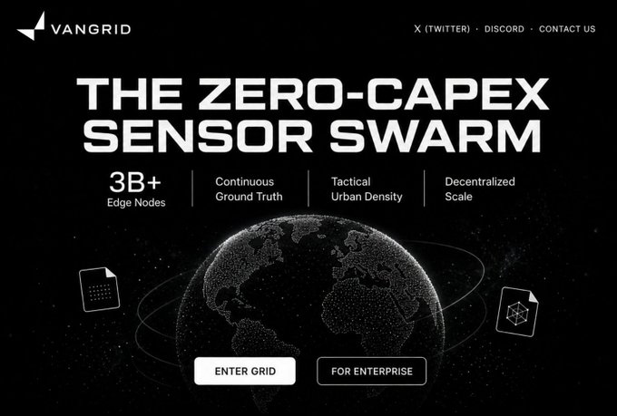 A dark promotional graphic for 'VANGRID' displays the text 'THE ZERO-CAPEX SENSOR SWARM' along with features like '3B+ Edge Nodes', 'Continuous Ground Truth', and 'Tactical Urban Density', featuring a globe surrounded by orbiting icons.