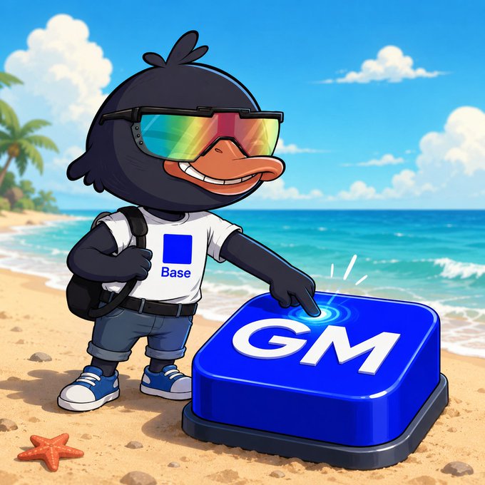 The image features a cartoon character, likely a bird or a duck, standing on a beach next to a blue square button labeled "GM". The character appears to be pointing at the button with its finger. The caption of the image reads "GM everyone Don'T forget to send your daily GM transaction @base You can send with Based GM in @baseapp".