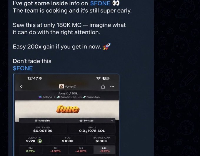 A Telegram message promoting the $FONE token on Solana, showing it at 180K market cap with claims of "Easy 200x gain."