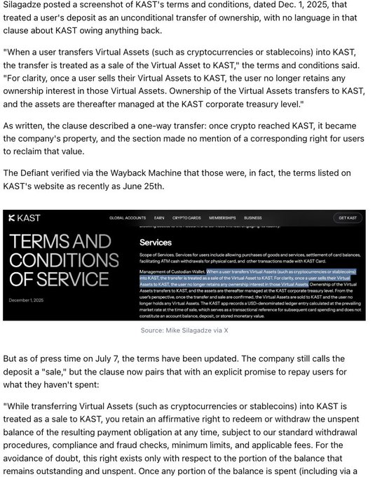 An article about KAST updating its terms and conditions on December 1, 2025, clarifying that users retain an affirmative right to redeem or withdraw their virtual asset balance after initial concerns that transfers to KAST were treated as unconditional sales with no repayment language.