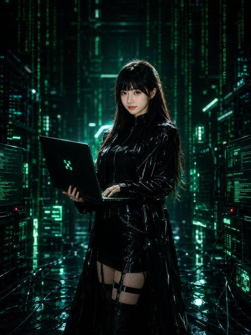 An AI-generated image of a young woman with long dark hair wearing a black outfit, holding a laptop with a green logo in a server room with cascading green digital code.
