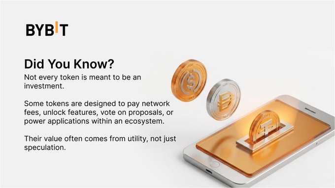 A Bybit-branded graphic poses the trivia "Did You Know? Not every token is meant to be an investment," explaining that some tokens derive value from utility—such as paying network fees, unlocking features, voting on proposals, or powering ecosystem applications—rather than speculation, illustrated by gold and silver coins floating above a smartphone displaying a vault icon, tying into the post's question about whether utility, hype, or both drive long-term token value.