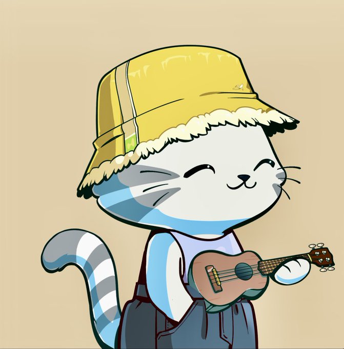 A cartoon illustration of a cute blue and white cat wearing a yellow bucket hat and playing a small ukulele.