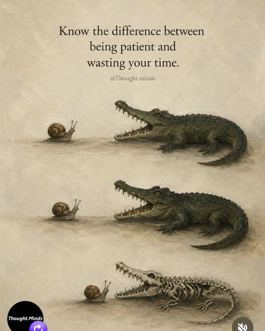 A motivational graphic from @Thought.minds titled 'Know the difference between being patient and wasting your time,' depicting three panels of an alligator and snail, ending with the alligator as a skeleton.