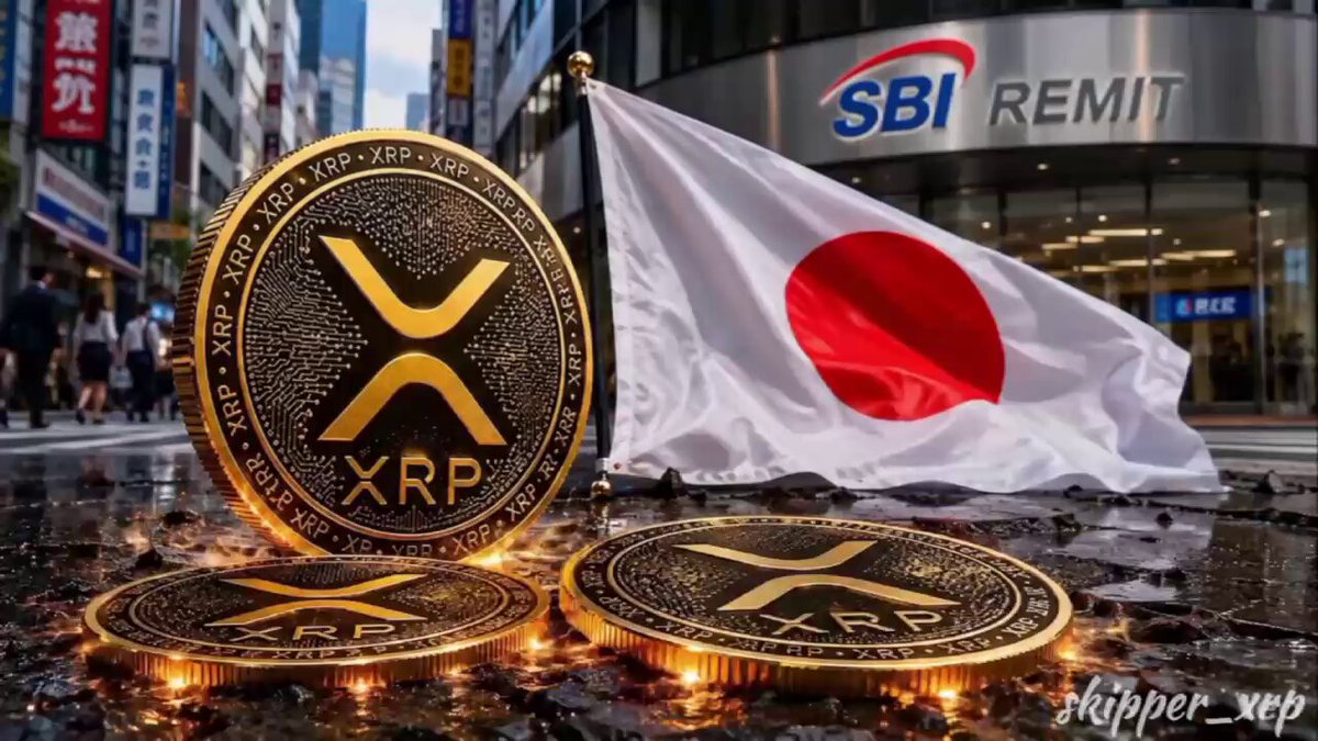 The image shows three golden bitcoins, each marked with the Bitcoin symbol, positioned next to an old SBI banknote and a Japanese flag. The first bitcoin has a large XRP logo attached to it. In the background, there's a cityscape featuring buildings under a blue sky.
