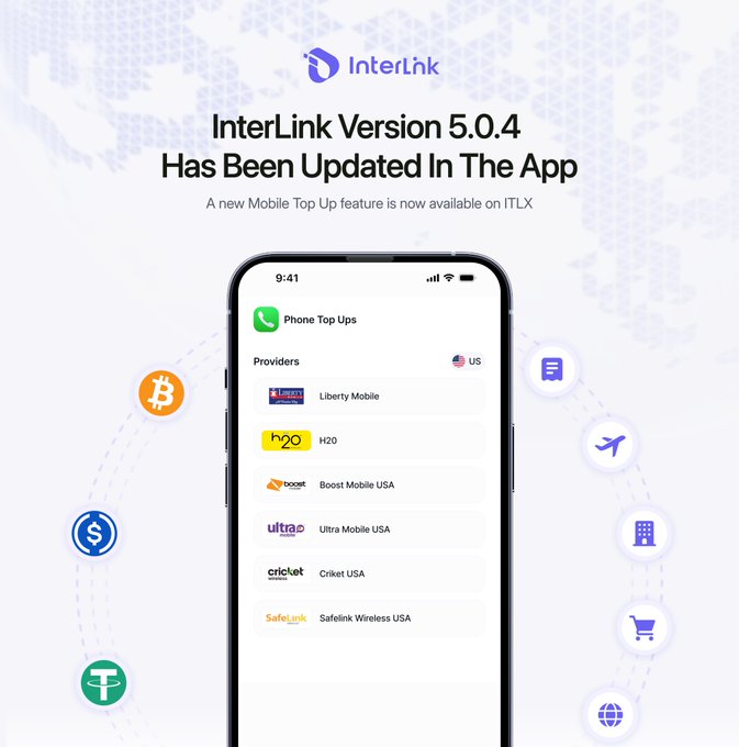 The image shows a cell phone screen displaying an app called "Interlink Version 5.0.4". The app has been updated and now includes a new feature that allows users to top up mobile credit across multiple countries using Bitcoin, USDC, or other supported cryptocurrencies. This update is available on the Interlink App Store and can be used by users who want to pay for their mobile services directly from their cryptocurrency wallet.