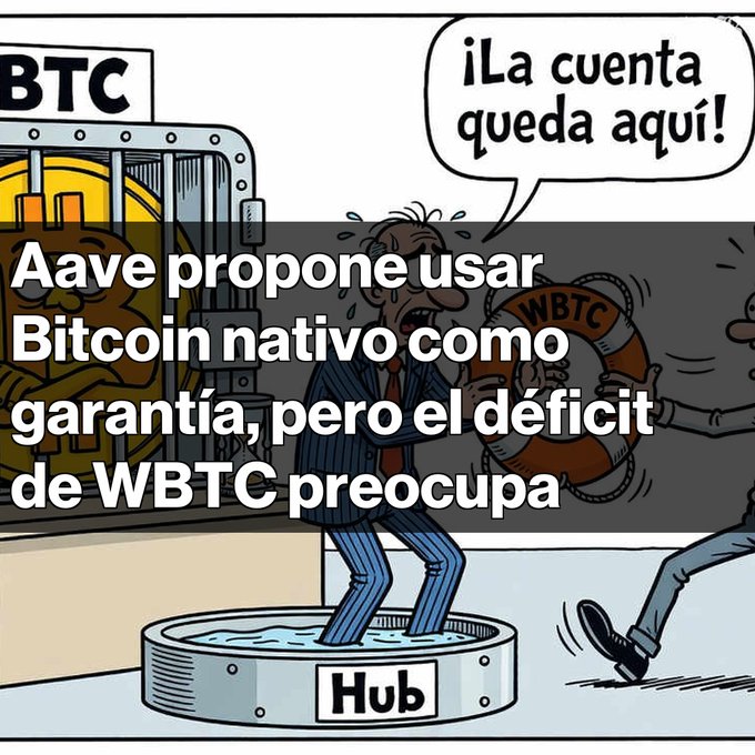 A Spanish-language crypto cartoon from Aave proposing native Bitcoin as collateral, showing a character falling into a 'Hub' with speech bubbles reading '¡La cuenta queda aquí!'.