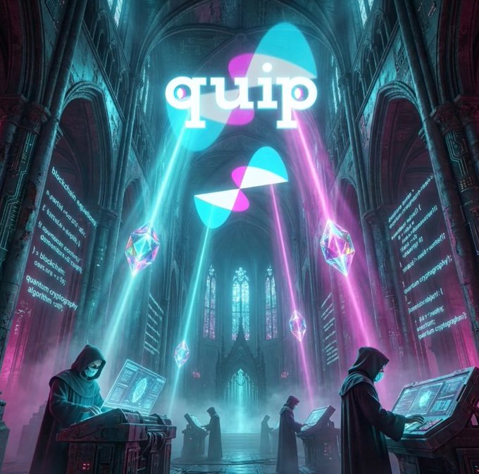 A digital artwork featuring the 'quip' logo in a neon, cyberpunk cathedral setting with hooded figures at computer terminals and glowing crystal-like objects.