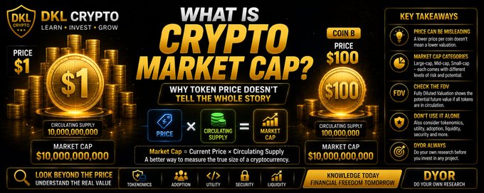 An infographic titled "WHAT IS CRYPTO MARKET CAP?" by DKL CRYPTO, explaining that Market Cap = Current Price × Circulating Supply. It compares Coin A ($1 price, 10B supply = $10B market cap) to Coin B ($100 price, 100M supply = $10B market cap) and lists key takeaways about price misleads, FDV, and not using FDV alone.