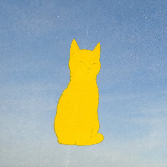 A minimalist painting of a yellow cat silhouette sitting against a gradient blue and gray background with its eyes closed.