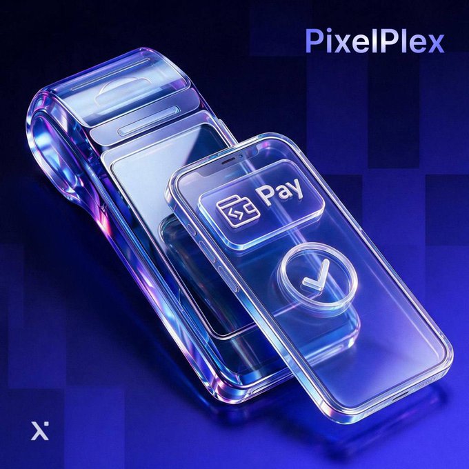 A sleek, translucent 3D illustration branded "PixelPlex" depicts a futuristic smartphone paired with a payment card, displaying a "Pay" icon and a checkmark to signify successful transactions. The image visually reinforces the post about Console Wallet's Visa Card enabling real-world payments using Canton Coin, symbolizing the seamless integration of crypto and traditional finance.