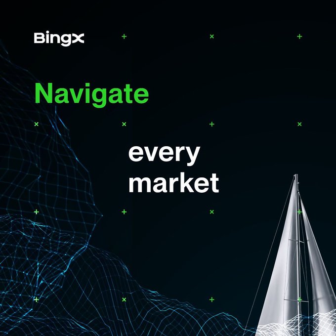 The BingX logo is displayed alongside the text "Navigate every market", with a sailboat graphic suggesting exploration and global reach. This visual aligns with the post's message about expanding trading access beyond crypto.