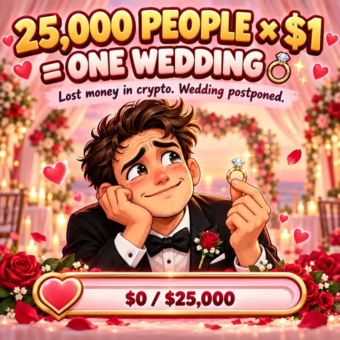A cartoon-style illustration of a disappointed groom holding a diamond ring at a wedding, with the text '25,000 PEOPLE × $1 = ONE WEDDING 💍 Lost money in crypto. Wedding postponed.' and a progress bar showing '$0 / $25,000'.