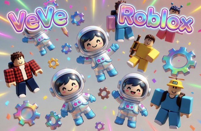 The image features cute astronaut figures and Roblox characters alongside gears and confetti, with the text "VeVe" and "Roblox" prominently displayed. It serves as promotional artwork for the first Roblox digital collectible drop on the VeVe platform.