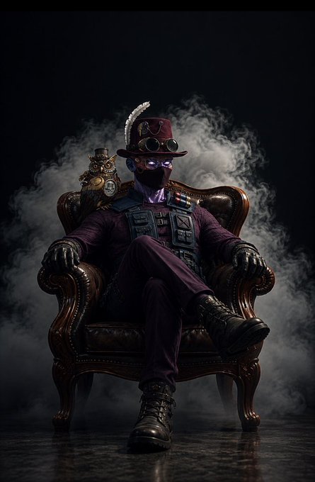 A dark, atmospheric portrait of a masked character wearing a top hat with goggles, a purple suit, and a vest, sitting on an ornate chair surrounded by smoke, with a small ornate figure beside them.