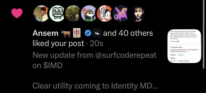 A notification on X shows Ansem and 40 others liked a post titled "New update from @surfcoderepeat on $IMD" with a preview reading "Clear utility coming to Identity MD..." alongside a tweet mentioning a skyscraper campaign. The post's context highlights that influential crypto personality blknoiz06 engaging with $IMD content is being interpreted as a bullish signal to accumulate.