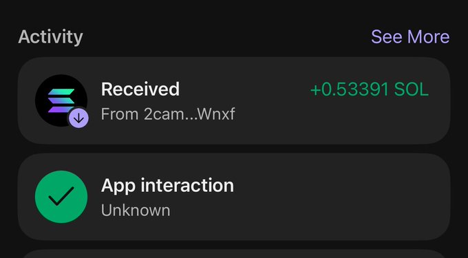 A dark-themed mobile app activity feed showing a 'Received' transaction of '+0.53391 SOL' from an address starting with '2cam...Wnxf' and an 'App interaction' event.
