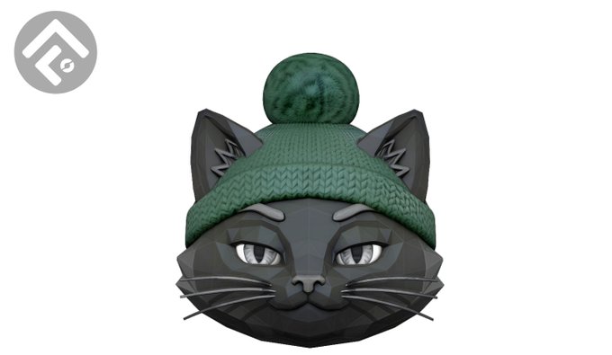 A gray geometric cat face wearing a green knit pom-pom beanie, displayed beneath a stylized "F6" logo. The whimsical, low-poly feline contrasts with the post's critique of blockchain transparency, serving as a playful mascot for the idea that even our most personal "cat-like" quirks in trading style are left exposed on-chain by default.