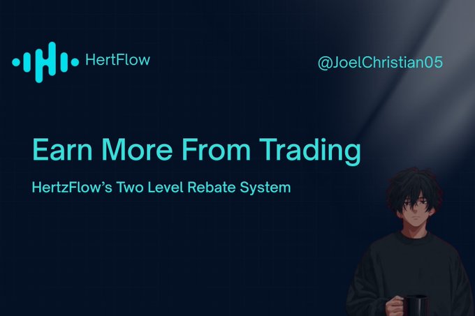 A promotional graphic for HertFlow featuring the headline 'Earn More From Trading - HertzFlow's Two Level Rebate System' with the handle @JoelChristian05 and an anime-style character holding a mug.