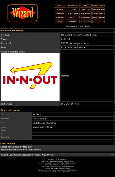 A screenshot of a website profile page for a user named 'Mr. Wizard' shows their location as Brockton, Massachusetts, USA, and features an 'IN-N-OUT' burger logo as their avatar.