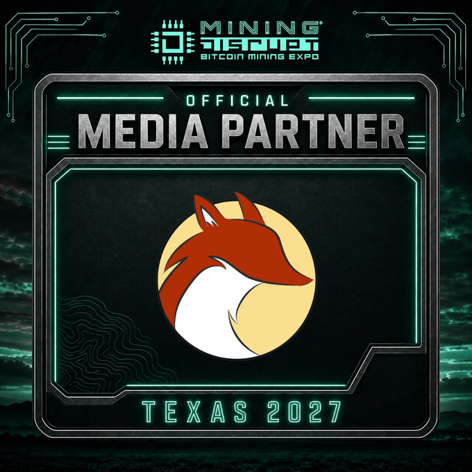 A digital badge from the 'Mining Disrupt Bitcoin Mining Expo' designating the recipient as an 'OFFICIAL MEDIA PARTNER' for the Texas 2027 event, featuring a stylized fox logo.